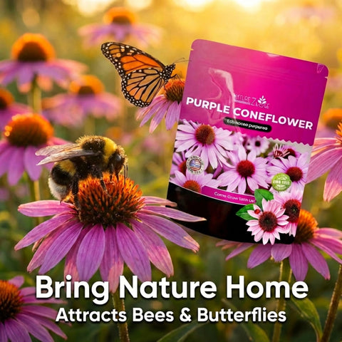NatureZ Edge Pollinator-friendly coneflowers image demonstrates bees and butterflies attracted to blooms.