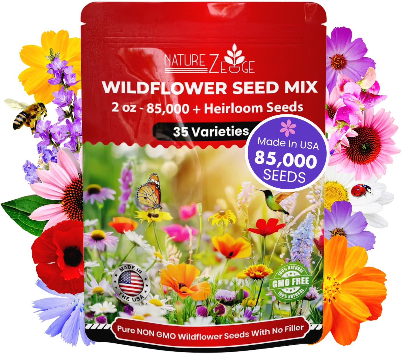 NatureZ Edge wildflower seeds mix 2oz bag showing pure non-GMO variety for outdoor planting