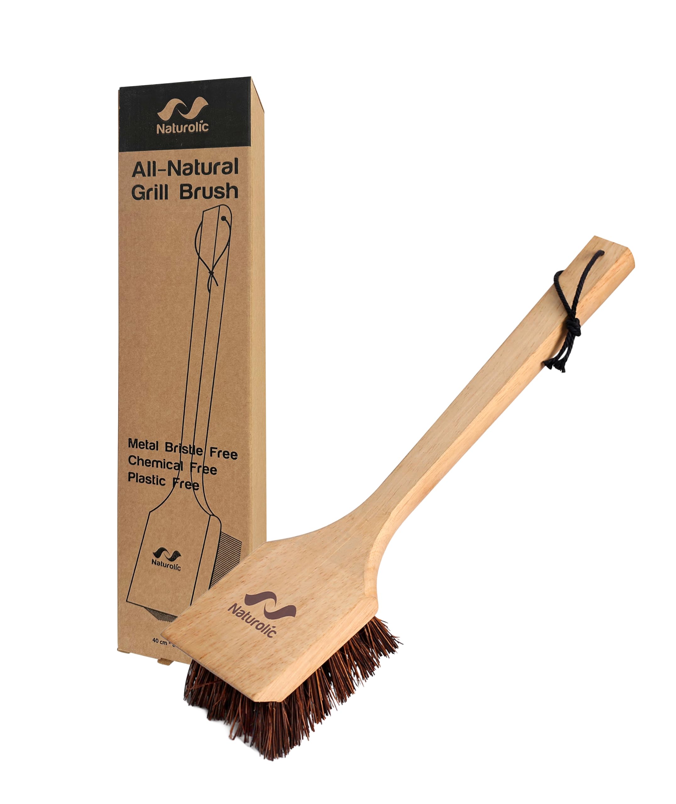 Naturolic wooden grill brush with ergonomic handle for safe, comfortable cleaning