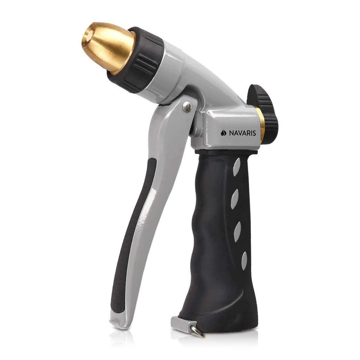 Navaris garden hose nozzle with ergonomic trigger for comfortable extended watering sessions.