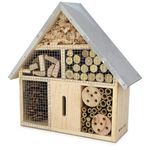 Navaris insect hotel front view in natural wood, inviting mason bees to nest