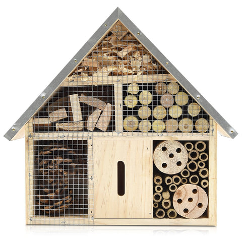 Navaris insect hotel interior fillings visible, attracting diverse insects