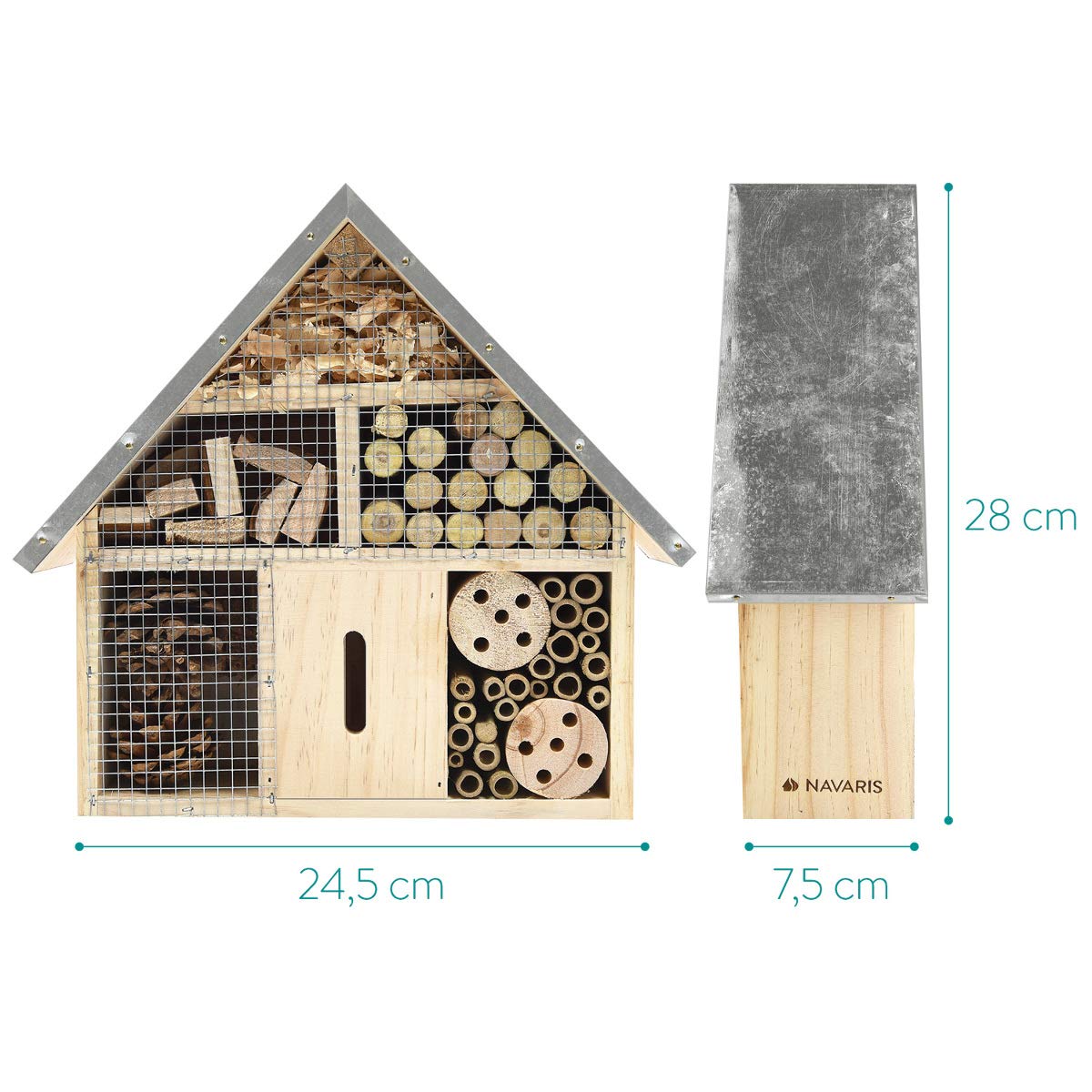 Navaris insect hotel roof detail with rain-protective sheet iron