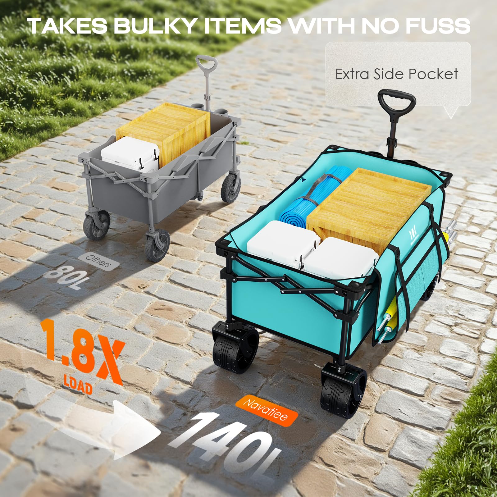 Navatiee heavy-duty beach wagon wheels glide smoothly on sand.