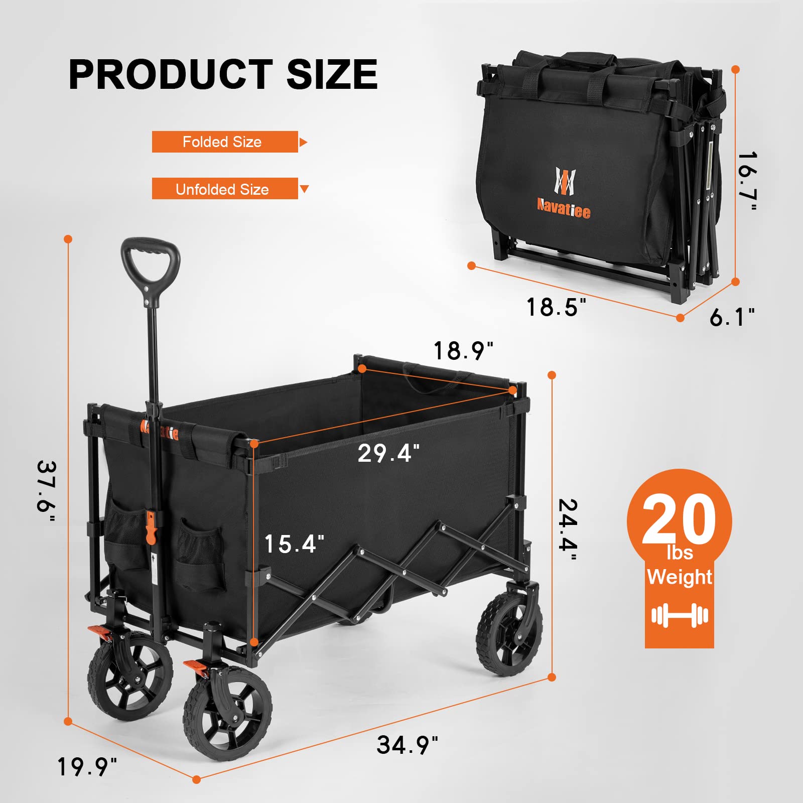 Navatiee wagon unfolded size 34.9 by 19.9 inches for spacious cargo transport.