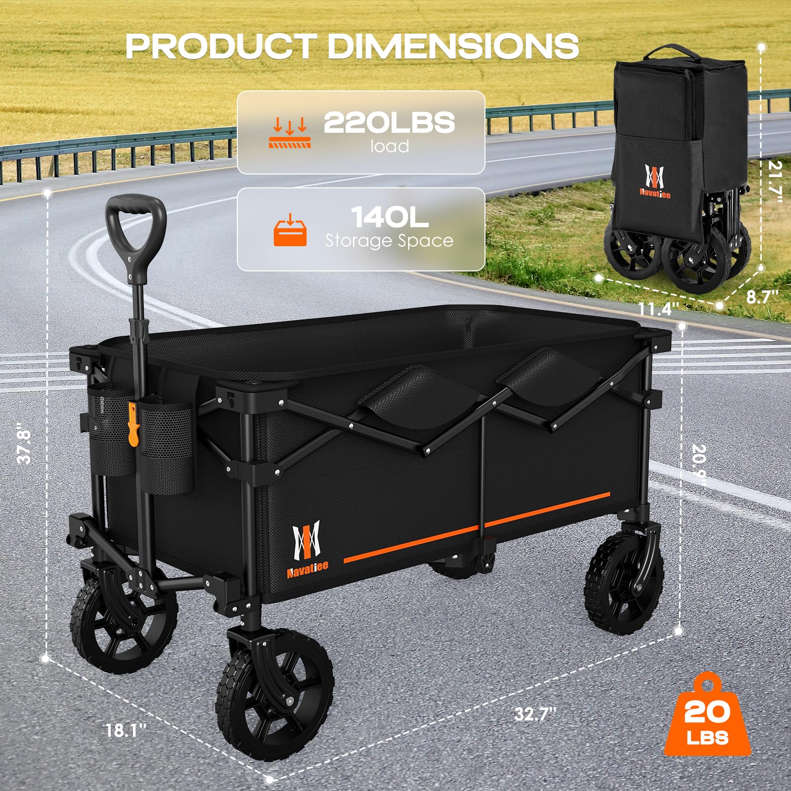 Navatiee wagon double-bearing design ensures smooth rolling on grass.