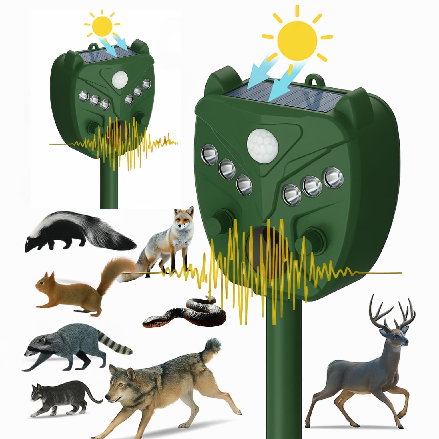 Navisovl solar ultrasonic animal repellent deters outdoor cats with motion-activated lights.