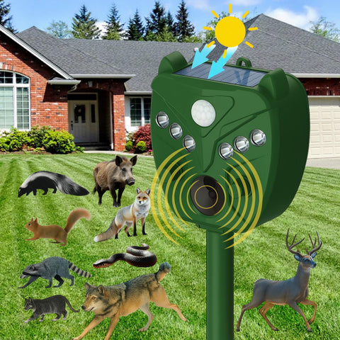 Navisovl solar ultrasonic animal repellent in action deterring wildlife.