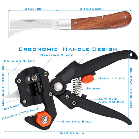 NAYE 2in1 grafting tool opened reveals ergonomic design for clean cuts.
