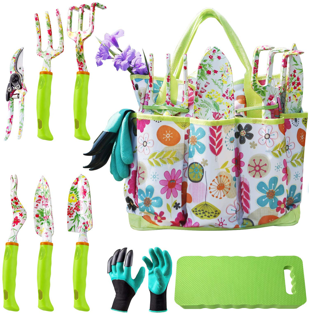NAYE Garden Tool Set tote bag with floral print keeps tools organized during gardening.