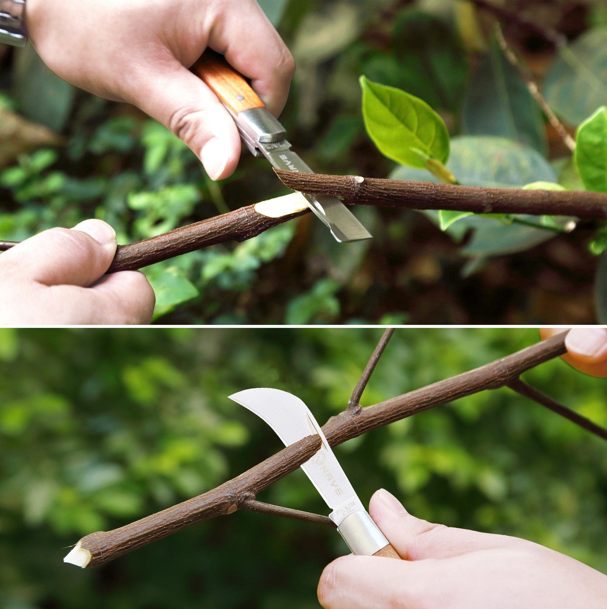 NAYE pruning blade in use trims leaves and twigs without changing tools.
