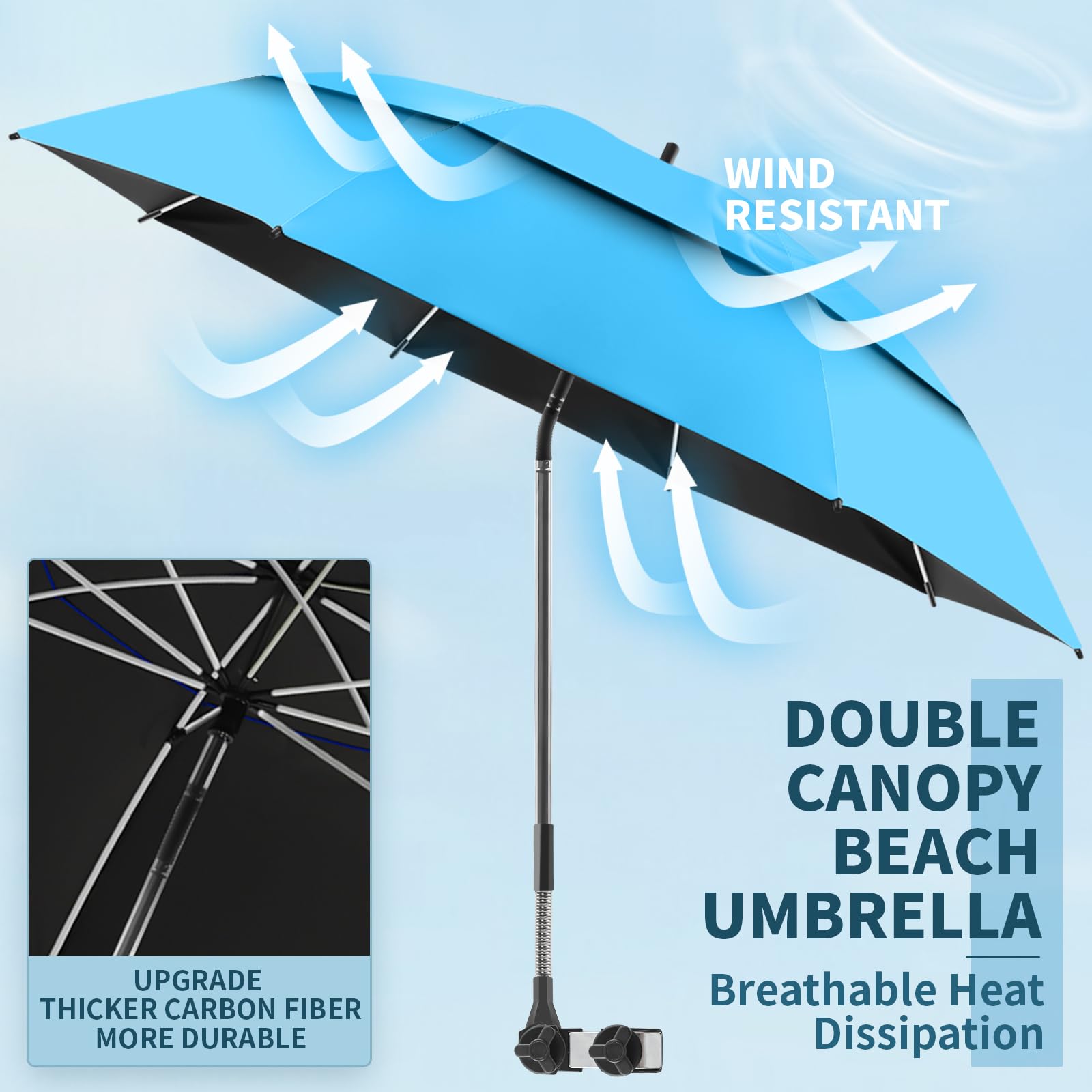 NBtoUS clip-on umbrella on a beach chair provides flexible sun control