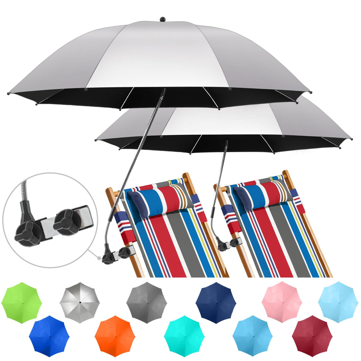 NBtoUS chair umbrella clip-on setup in metallic silver for quick shade on outdoor chairs