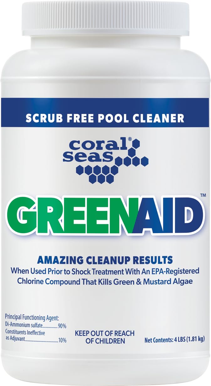 NC Brands Coral Seas pool clarifier shown, promoting clearer water with a non-toxic formula.