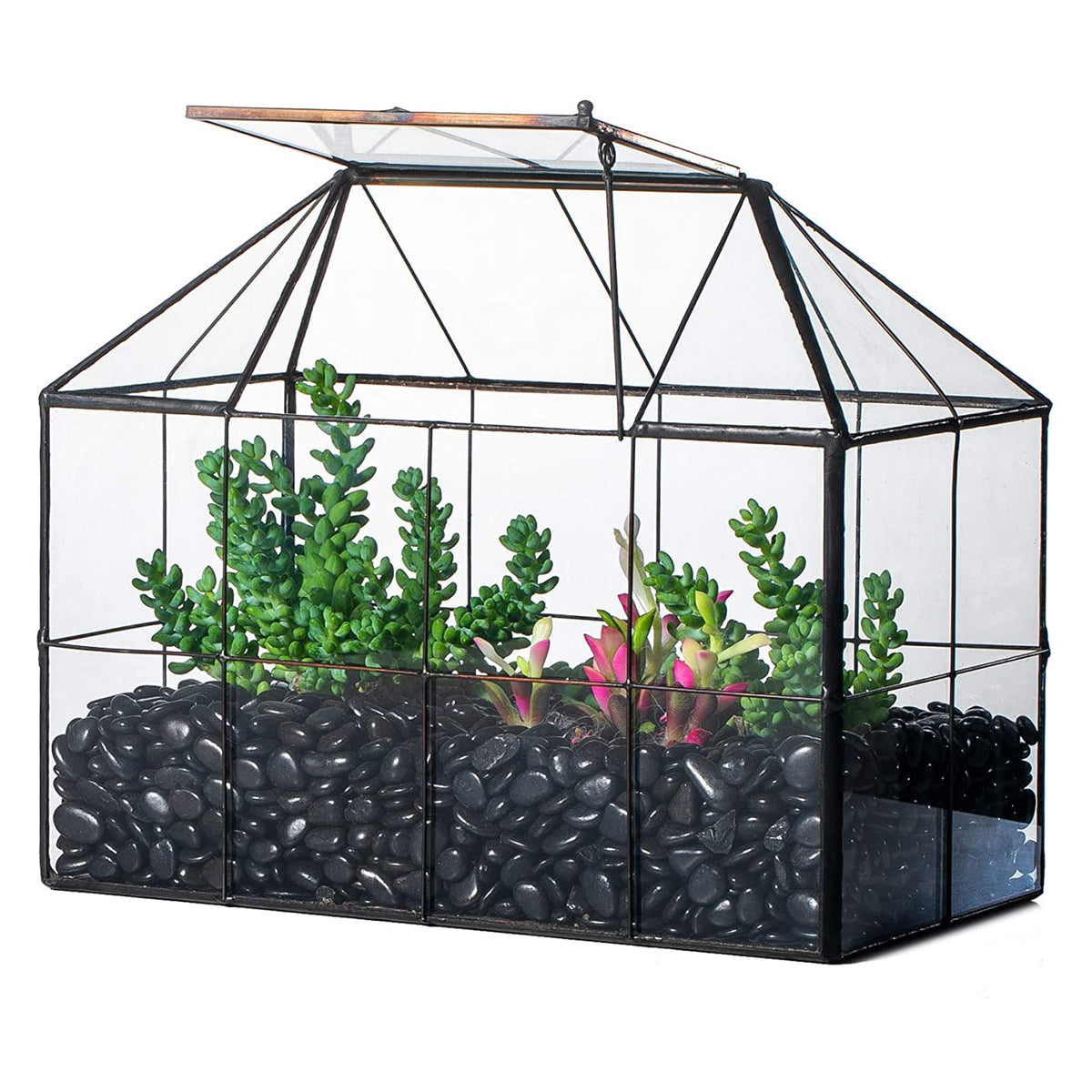 NCYP glass terrarium with lid in black grid house design for small succulents