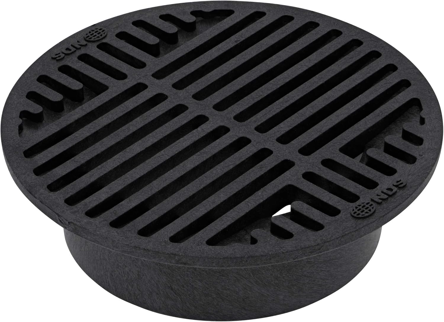 NDS 8-Inch Round Drain Grate over 6-Inch pipe, blocking debris while draining water