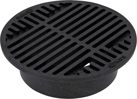NDS 8-Inch Round Drain Grate over 6-Inch pipe, blocking debris while draining water