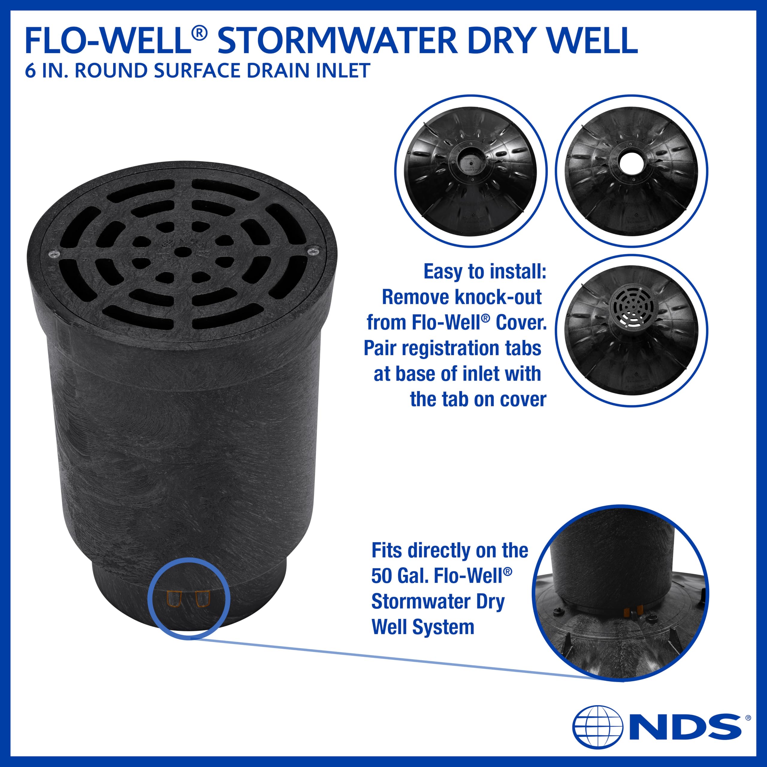 NDS Flo-Well open-bottom design shows water seeping into ground for infiltration.