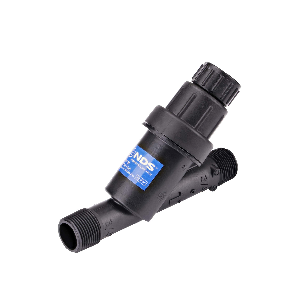 NDS PRYF-30 pressure-regulating Y filter installed to regulate flow and protect emitters.