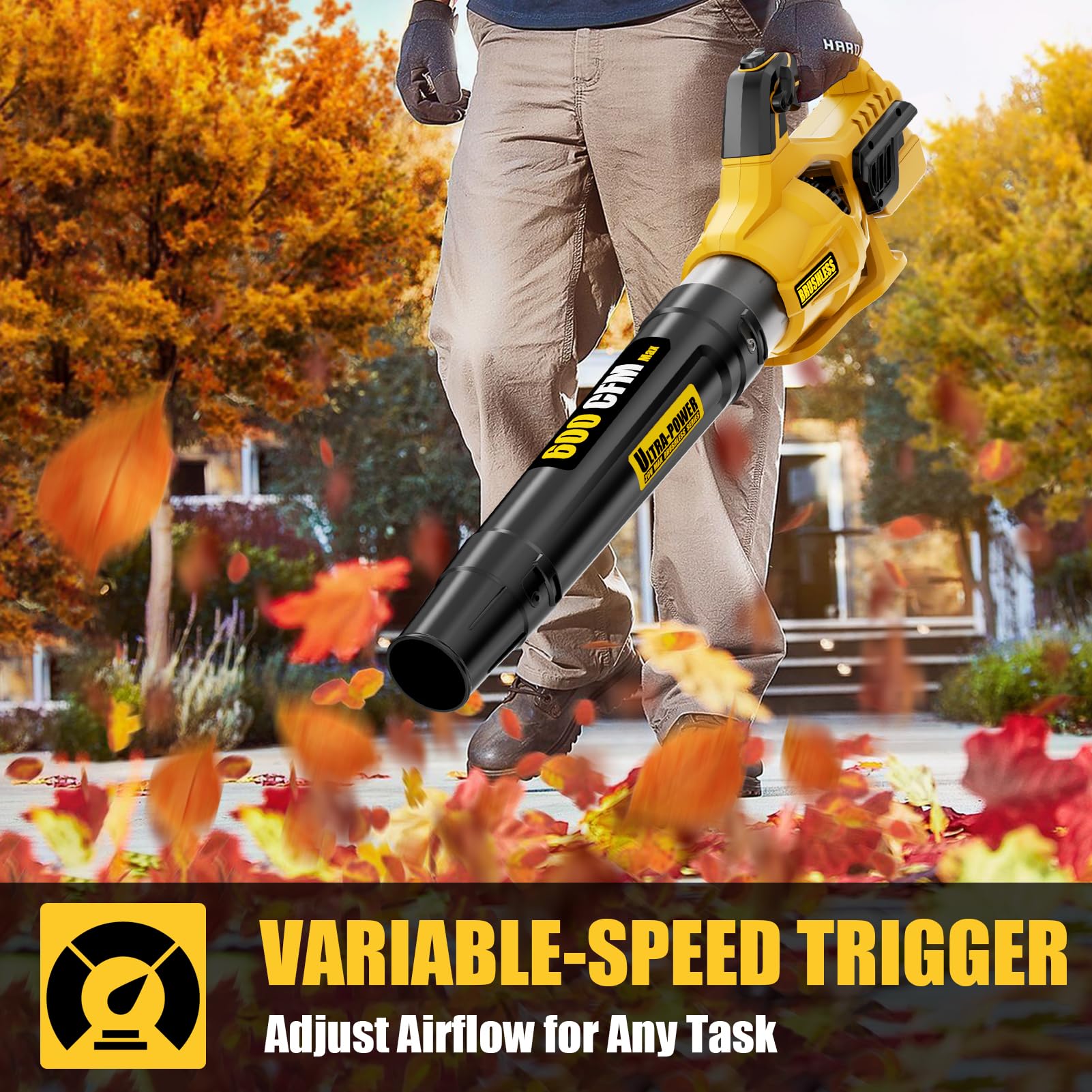 Neareen blower provides up to 600 CFM and 125 MPH for fast debris clearing.