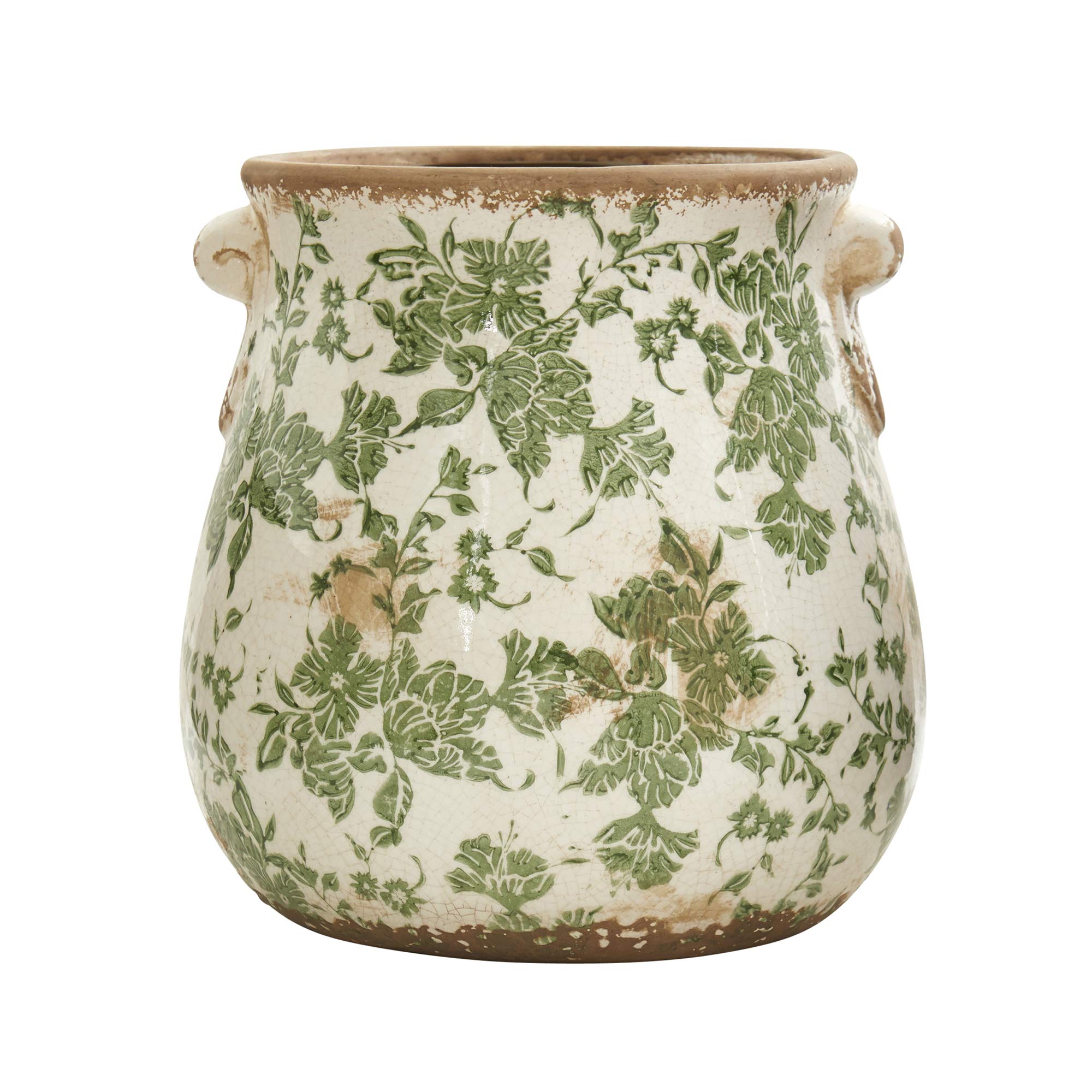 Nearly Natural 10in ceramic vase with Tuscan green scroll design, ideal for displaying faux florals indoors.