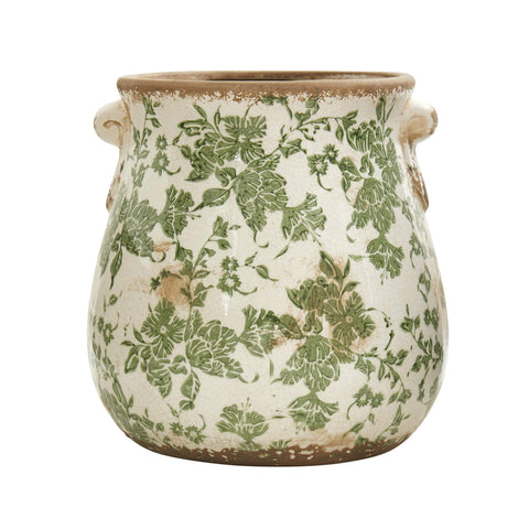 Nearly Natural 10in ceramic vase with Tuscan green scroll design, ideal for displaying faux florals indoors.