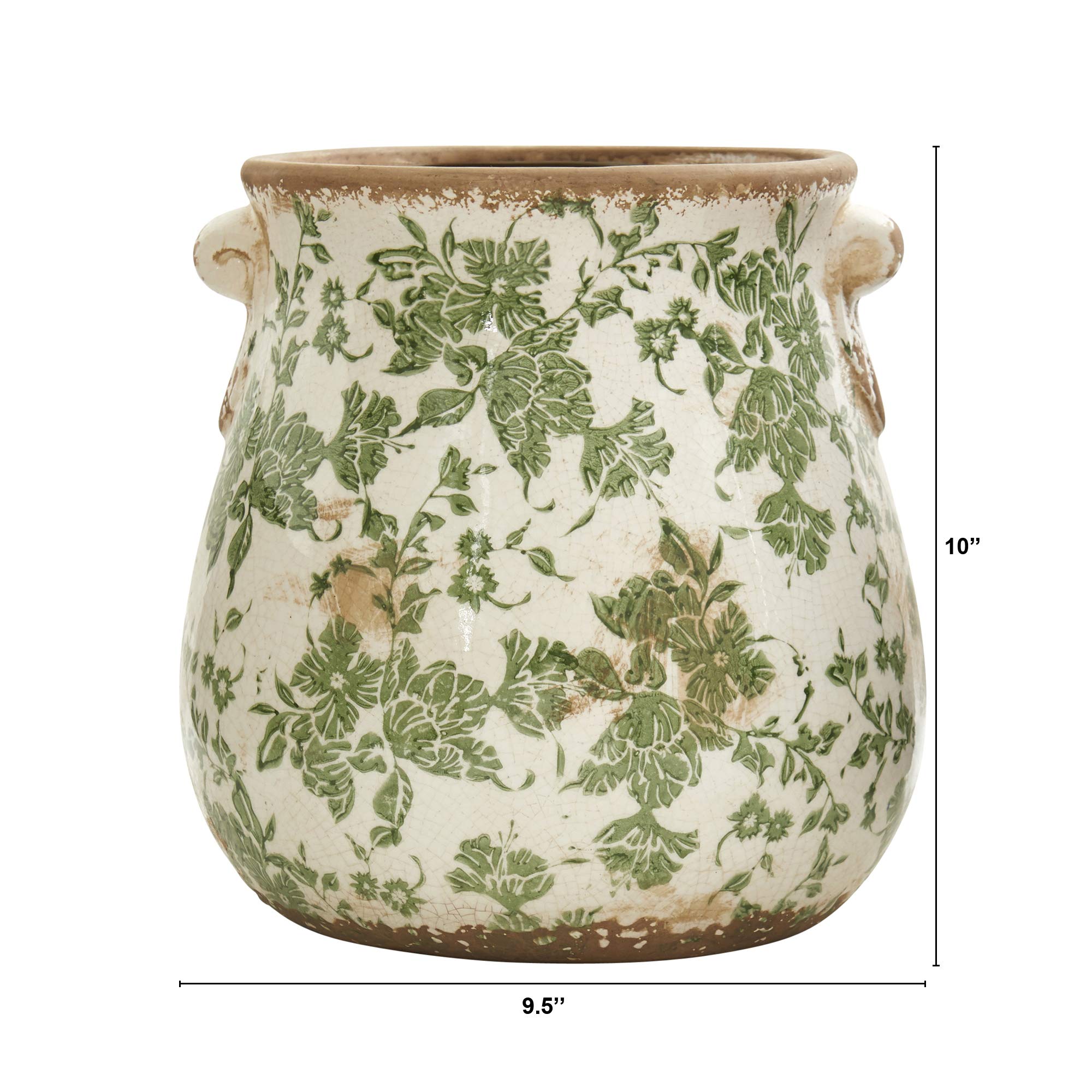 Nearly Natural close-up of the green scroll pattern on the ceramic vase for a decorative statement.