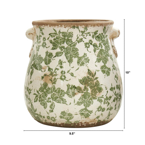 Nearly Natural close-up of the green scroll pattern on the ceramic vase for a decorative statement.