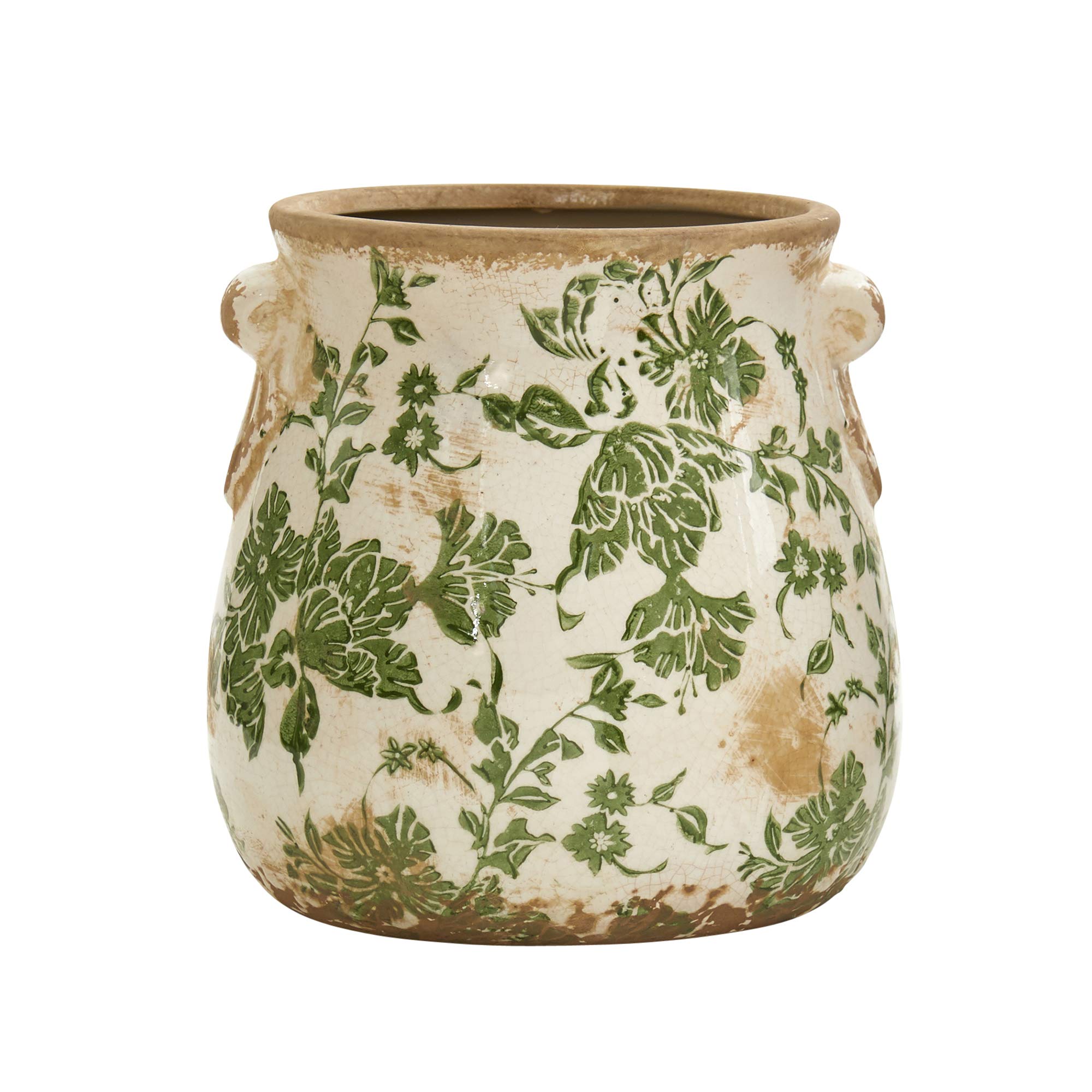 Nearly Natural ceramic vase with Tuscan green scroll design for indoor display