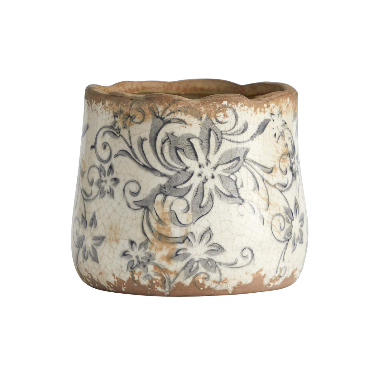 Nearly Natural Tuscan ceramic gray scroll planter, front view, ideal for elegant indoor decor.