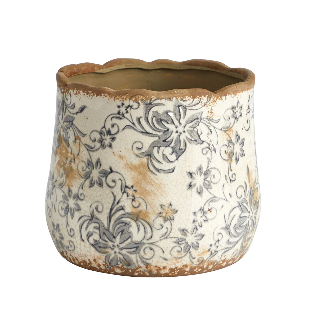 Nearly Natural Tuscan ceramic planter with gray scroll design for indoor decor