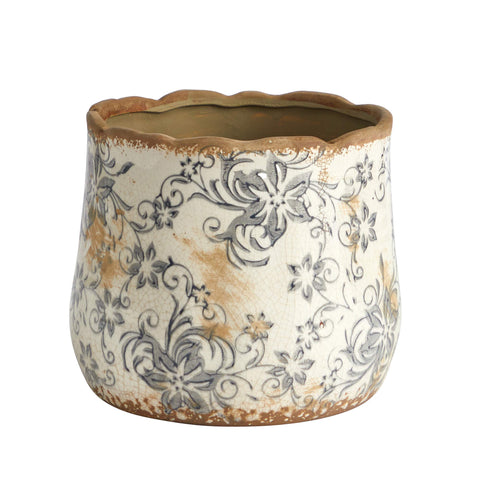 Nearly Natural Tuscan ceramic planter with gray scroll design for indoor decor