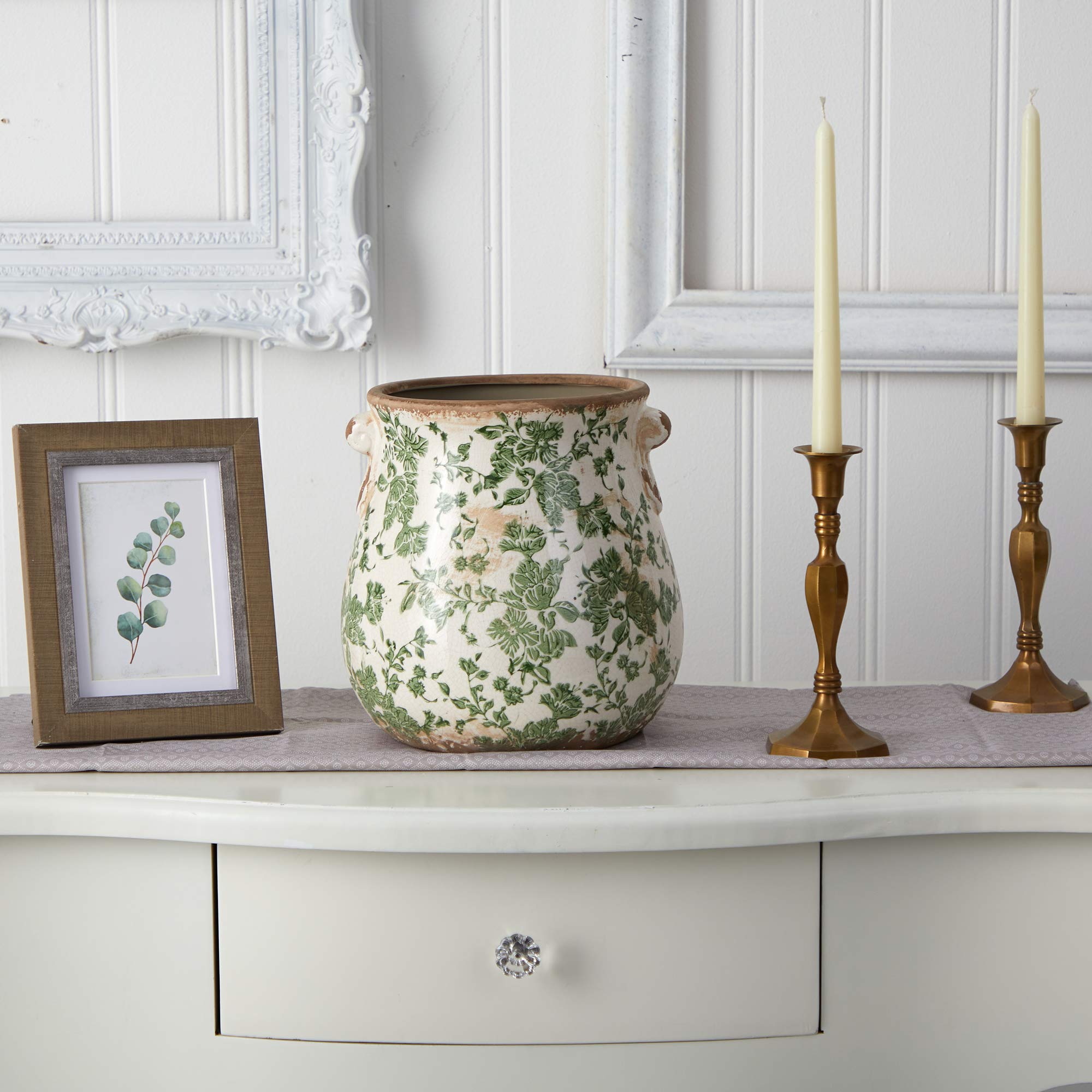 Nearly Natural indoor decor display on a shelf featuring the Tuscan-style vase.