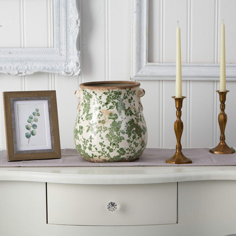 Nearly Natural indoor decor display on a shelf featuring the Tuscan-style vase.
