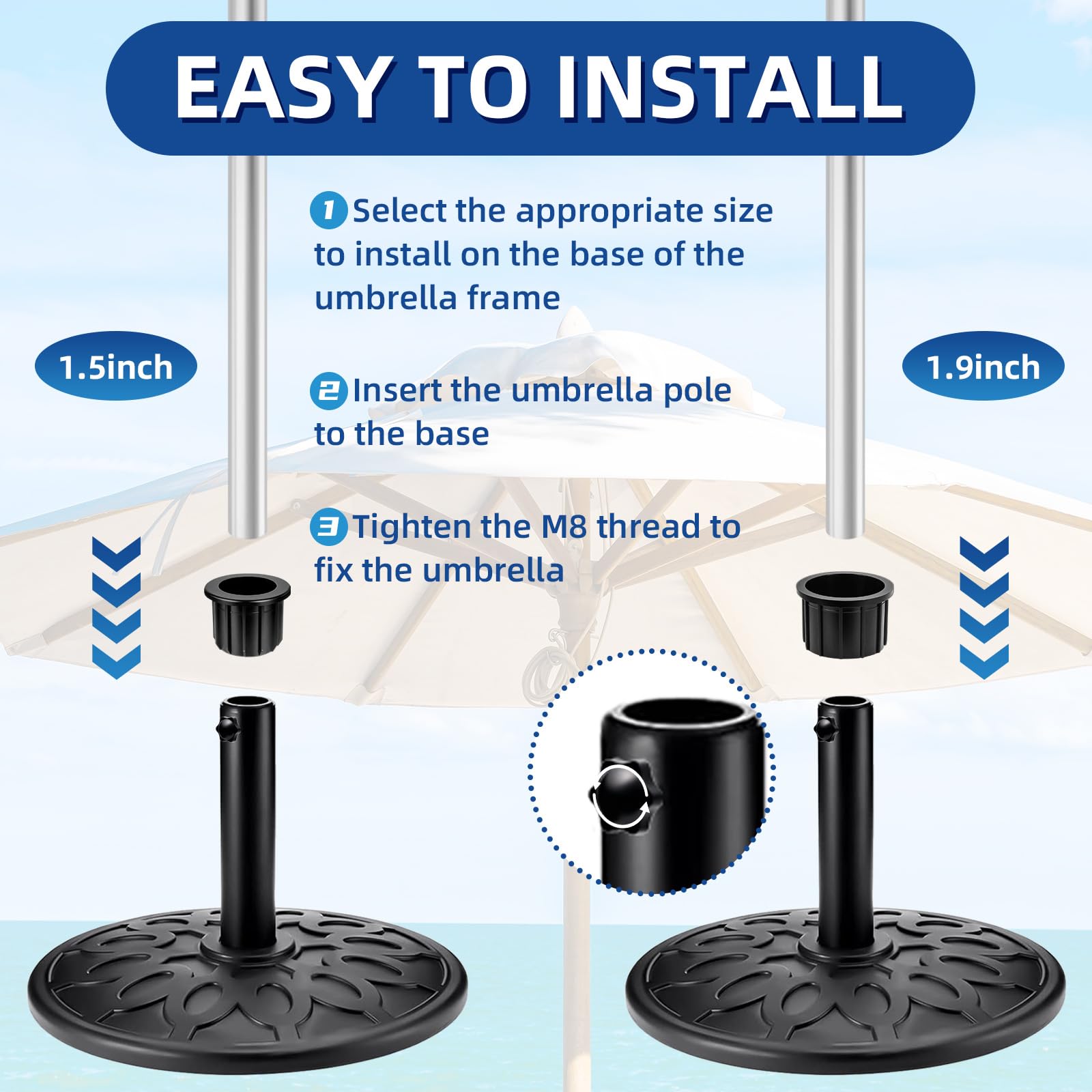 NEATABY base assembly image demonstrates easy, tool-free installation for most patio umbrellas