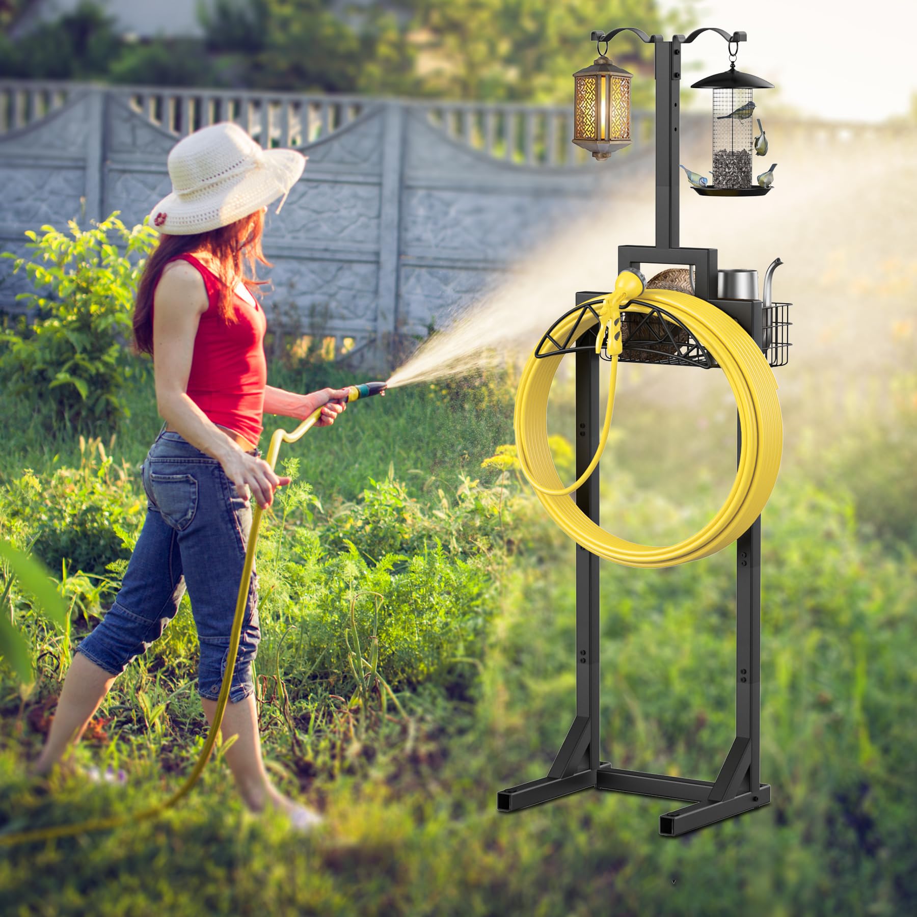 neatevday freestanding hose holder stands beside the patio offering convenient hose access.