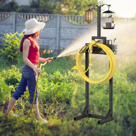 neatevday freestanding hose holder stands beside the patio offering convenient hose access.