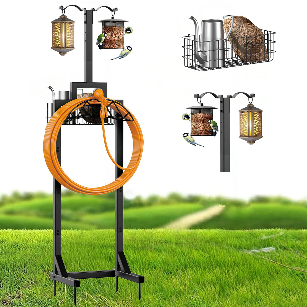neatevday garden hose holder tall unit in a sunny yard, keeping hoses organized and off the ground.