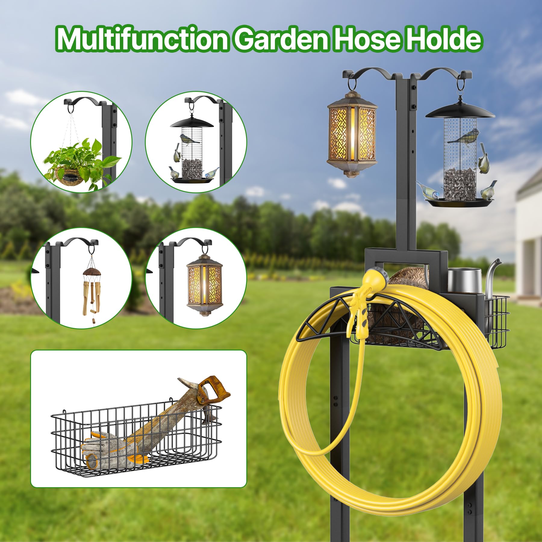 neatevday hose holder with storage basket, ideal for keeping spray nozzles and gloves handy.