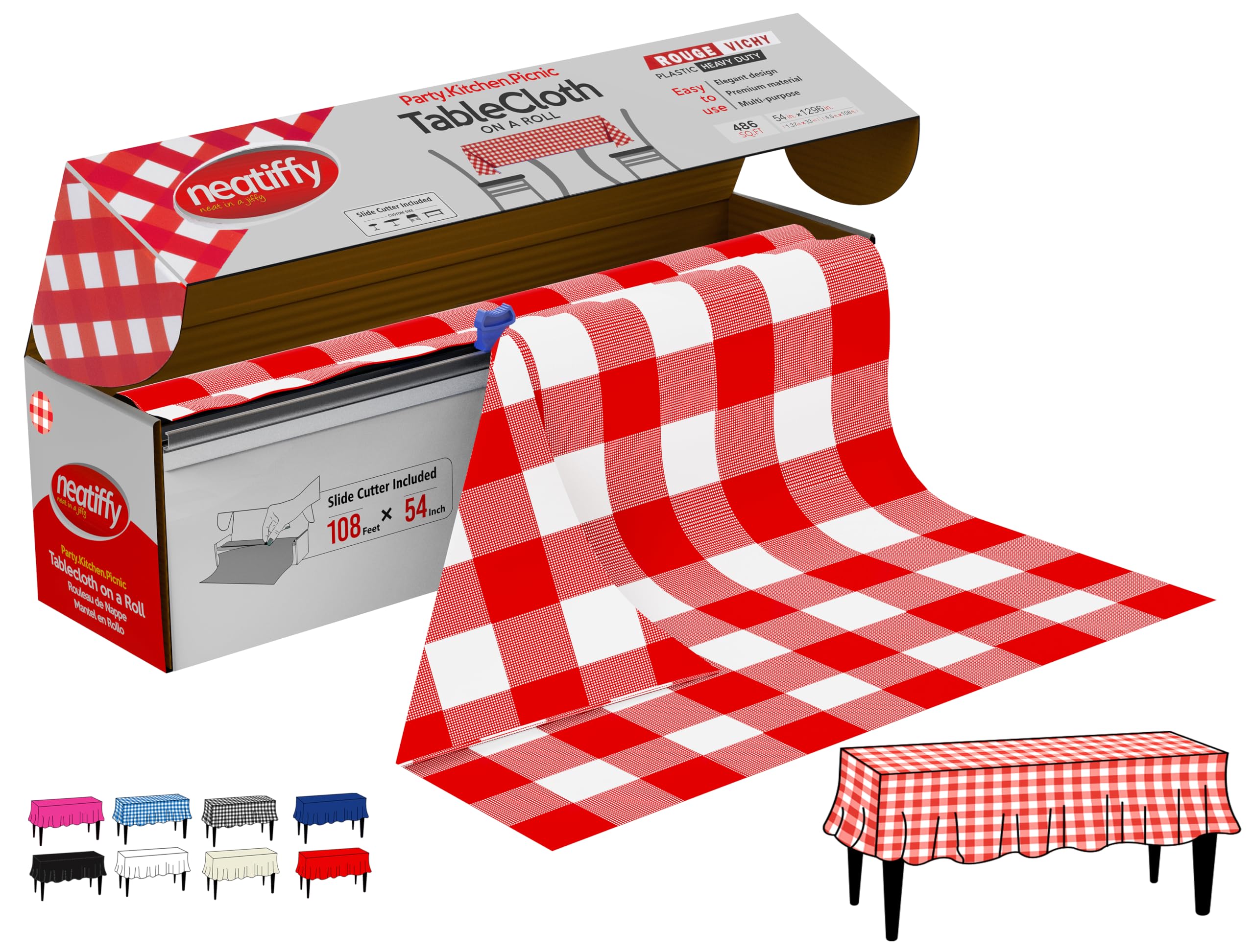 Neatiffy red checkered tablecloth roll provides quick stain protection for outdoor picnics.