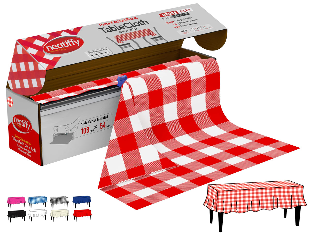 Neatiffy red checkered tablecloth roll provides quick stain protection for outdoor picnics.