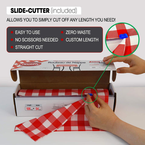 Neatiffy slide-cutter feature lets you tailor coverage for different table shapes.