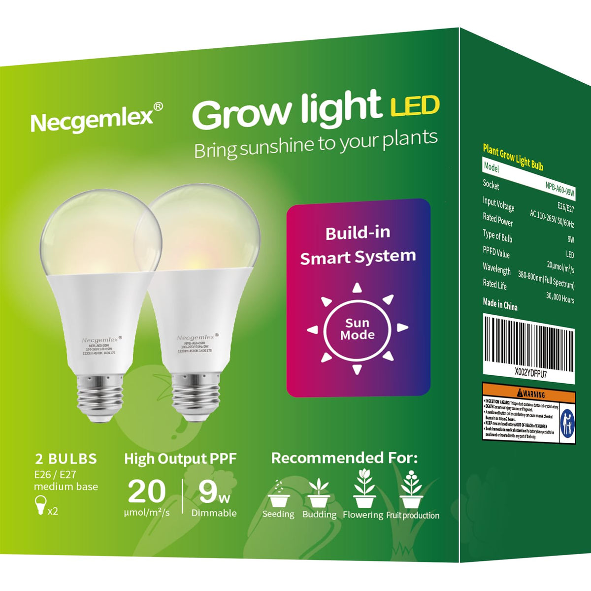 Necgemlex Sun Mode bulb angled for even daylight on indoor plants.