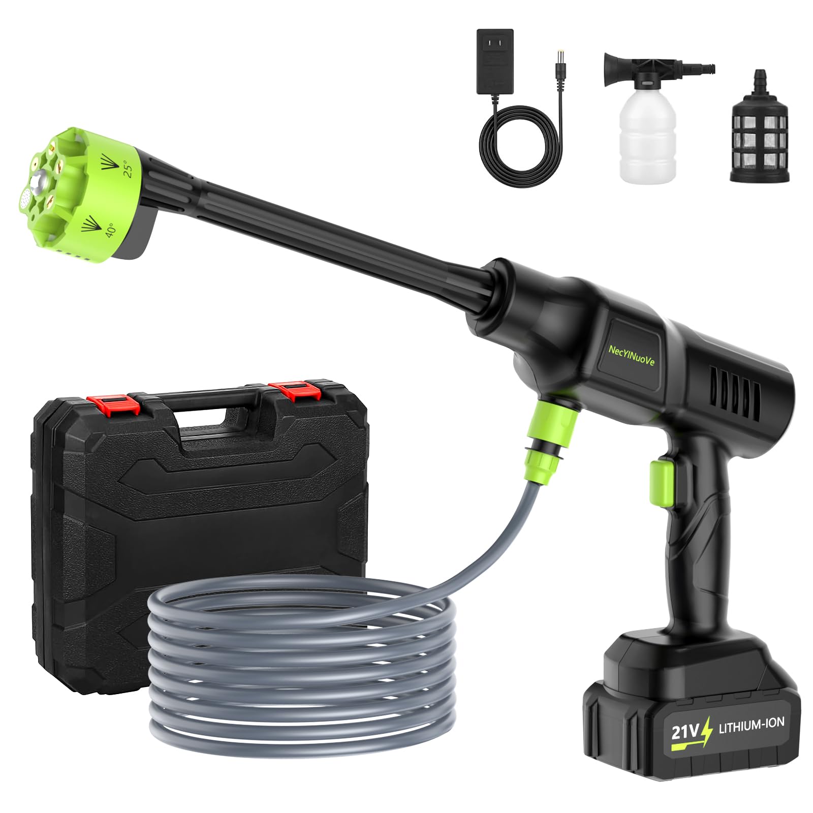 NecYINuoVe cordless pressure washer assembly in action for car and patio cleaning