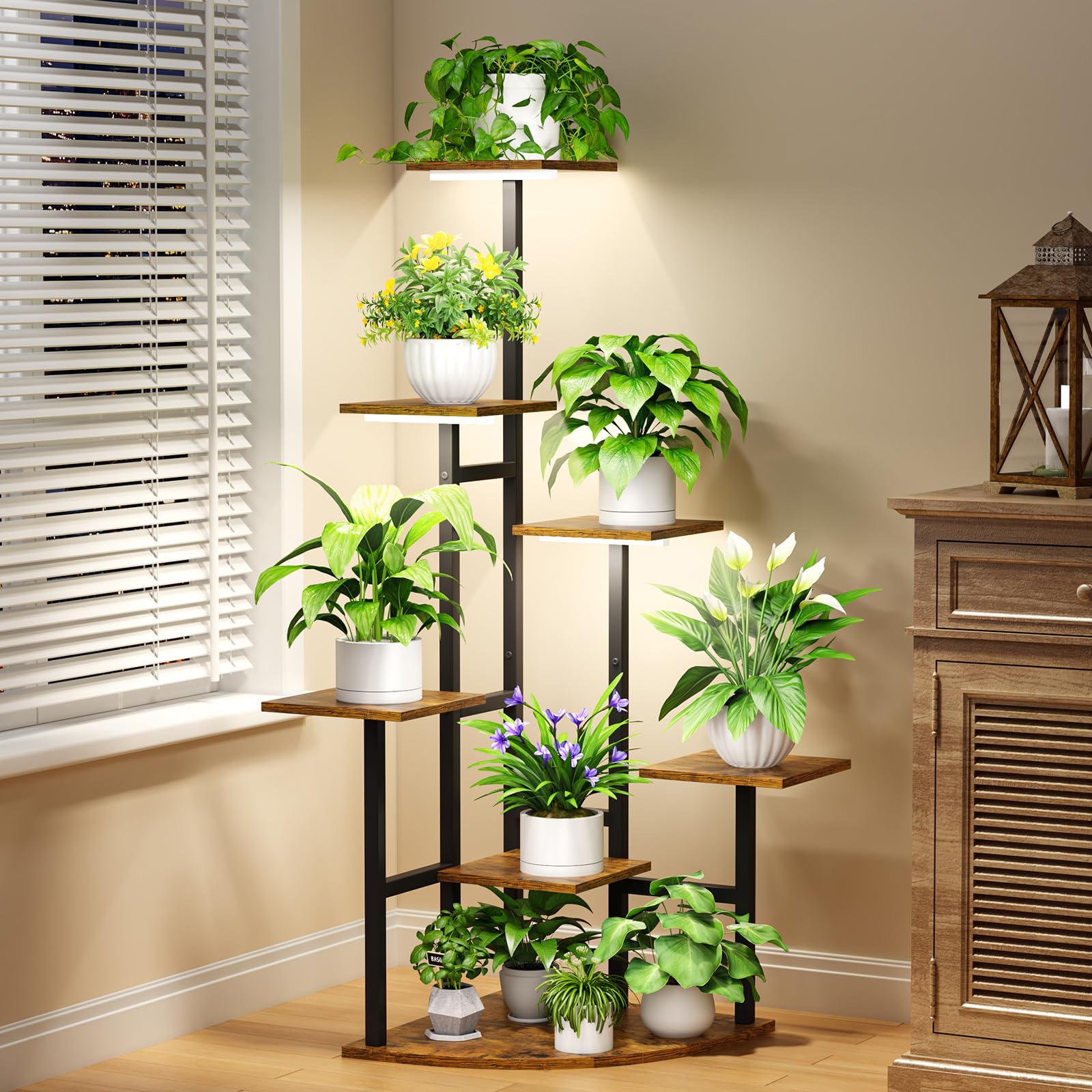 Nedechom 7-tier shelf saves space while displaying multiple potted plants.