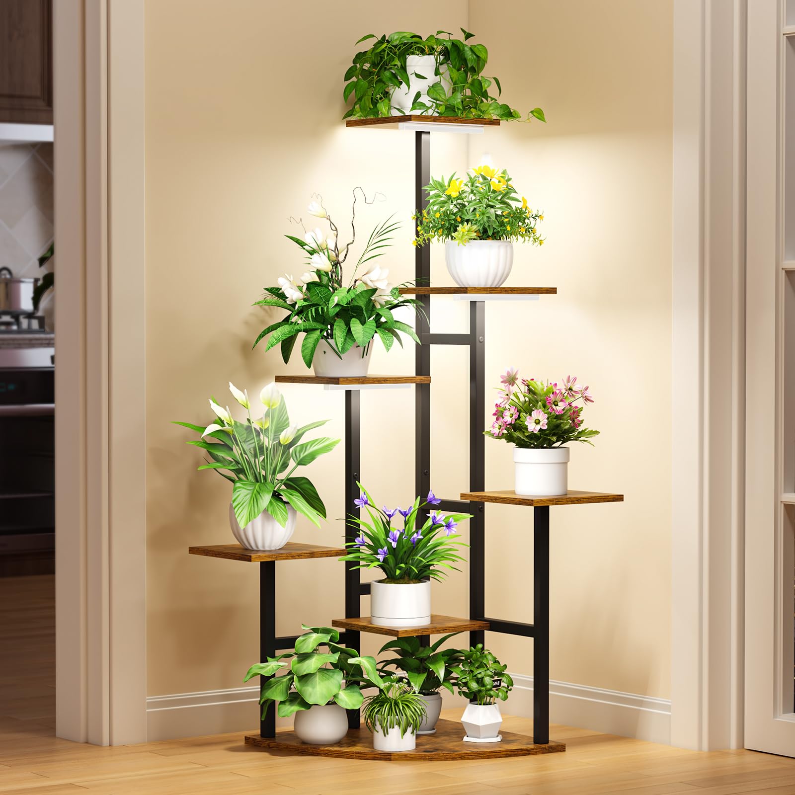 Nedechom corner stand keeps plants organized while maximizing floor space.
