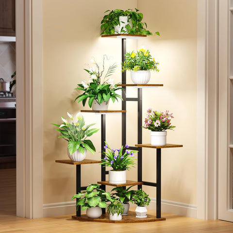 Nedechom corner stand keeps plants organized while maximizing floor space.