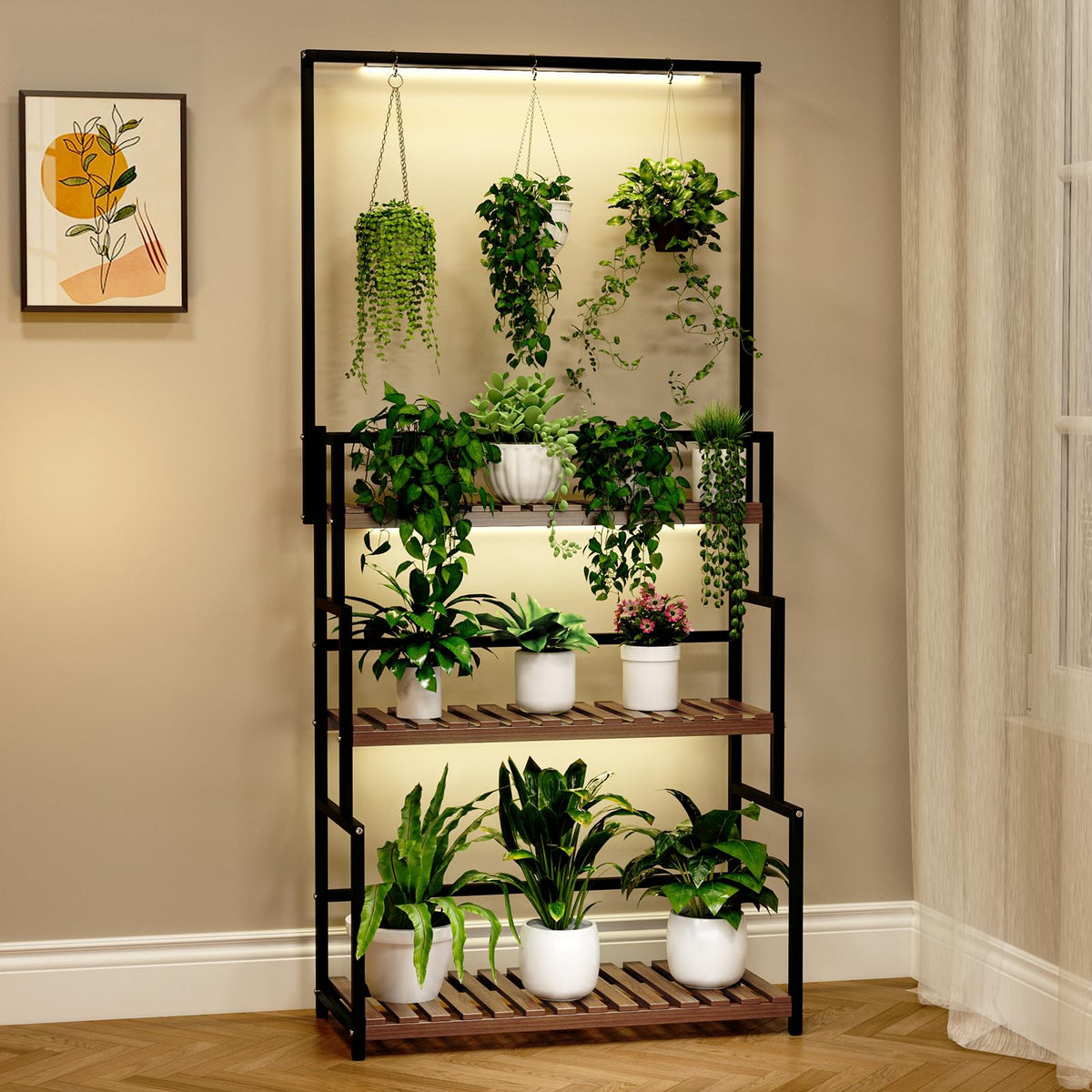 Nedechom hanging plant stand with grow light on top pole showing elevated display