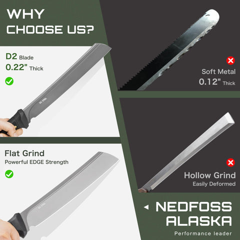 NedFoss heavy-duty outdoor machete ready for yard work and camping.