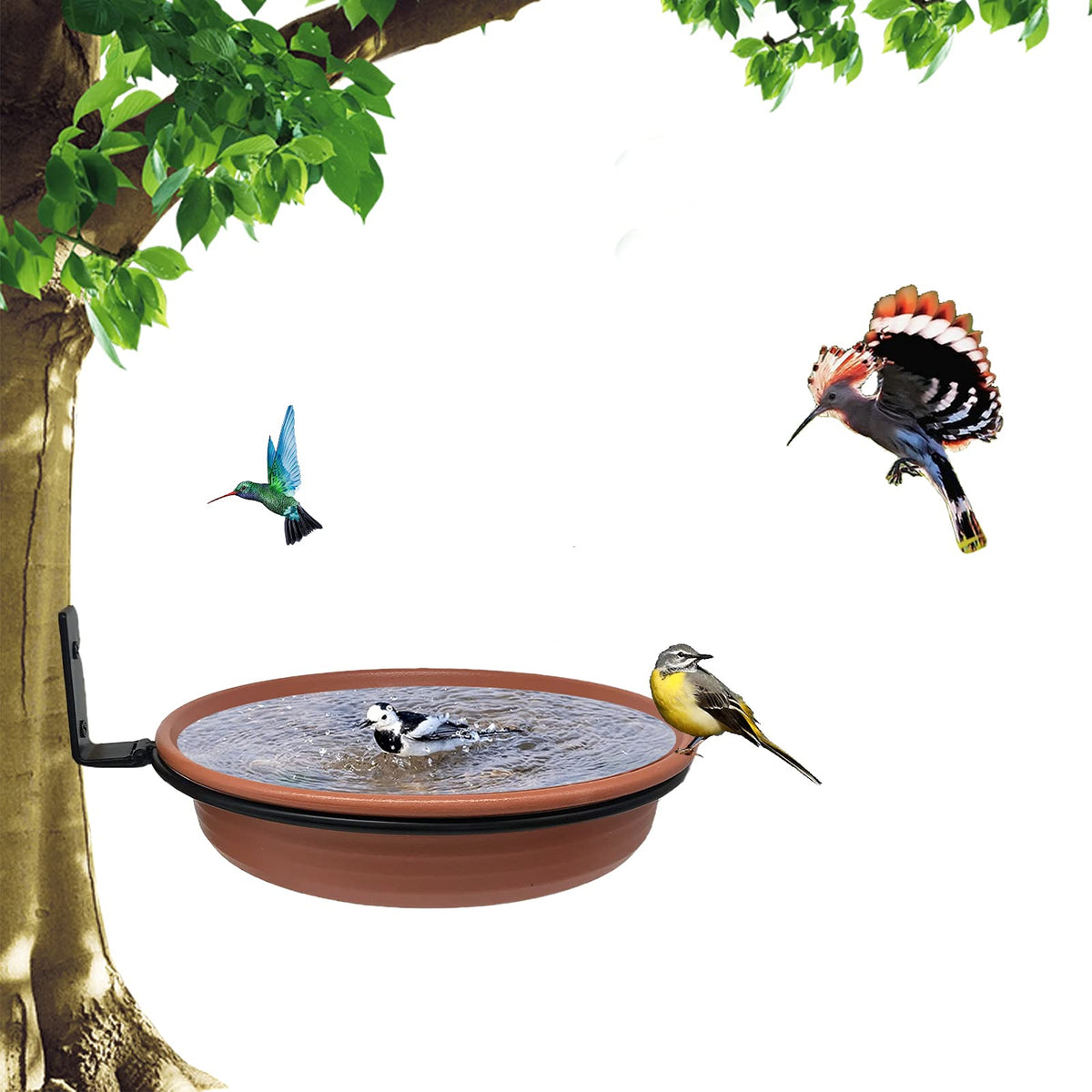 NEECONG bird feeder tree-mounted with brick-red tray on a green backdrop